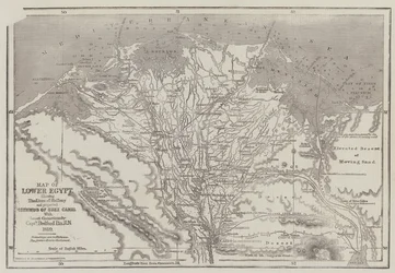Mapa Dolního Egypta, zobrazující čáry železnice a předpokládanou šíji Suezského průplavu